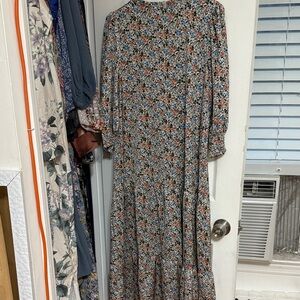 Button-Back Floral Maxi Dress in Blue and Rust